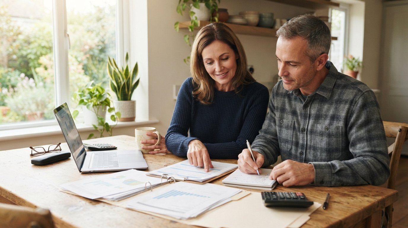 Middle-aged couple at a wooden kitchen table reviewing insurance documents, woman pointing at a renewal letter while man…