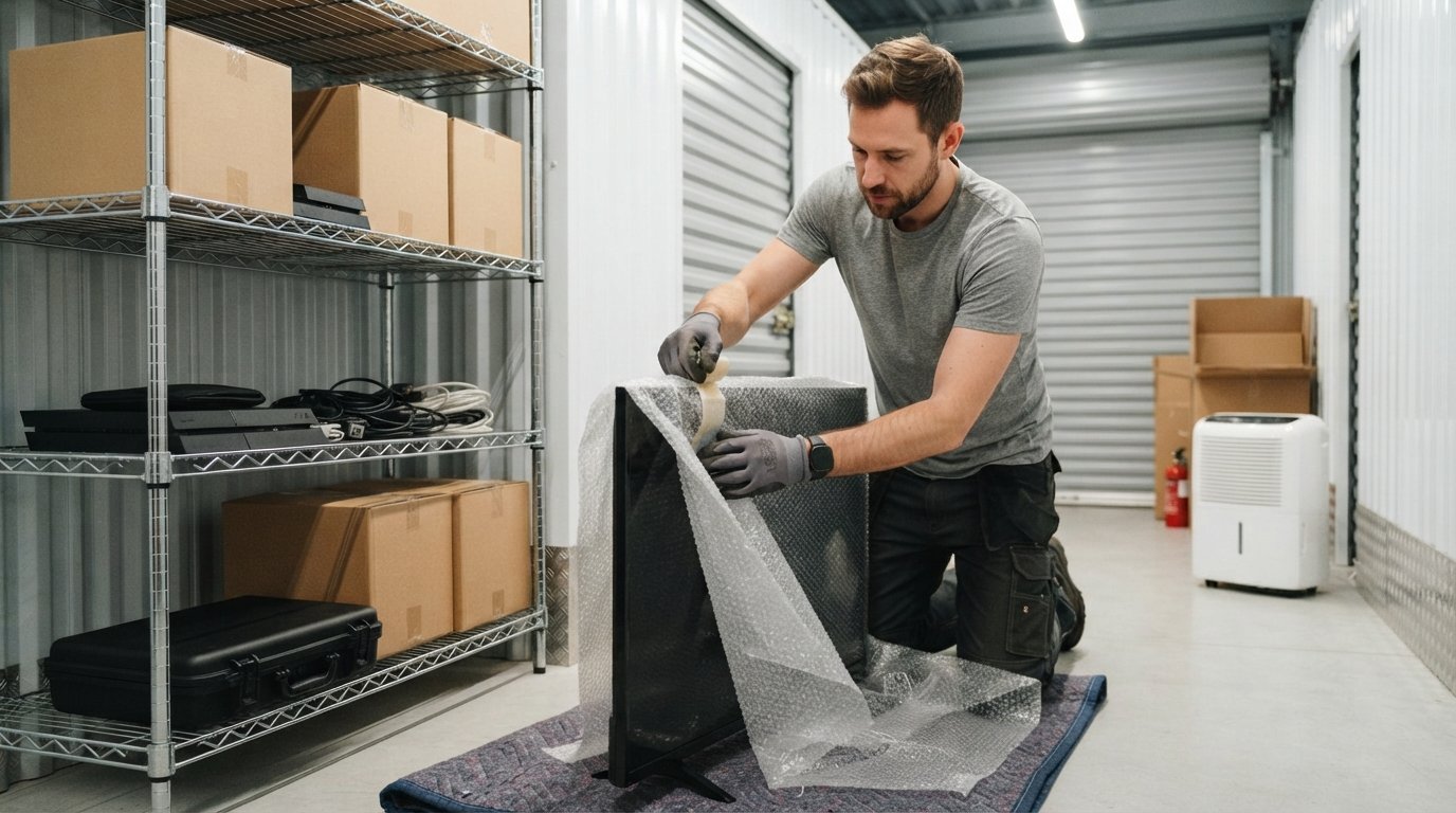 Man in work gloves wrapping a flat-screen TV in bubble wrap inside a storage unit with shelved boxes, a laptop case, and a…