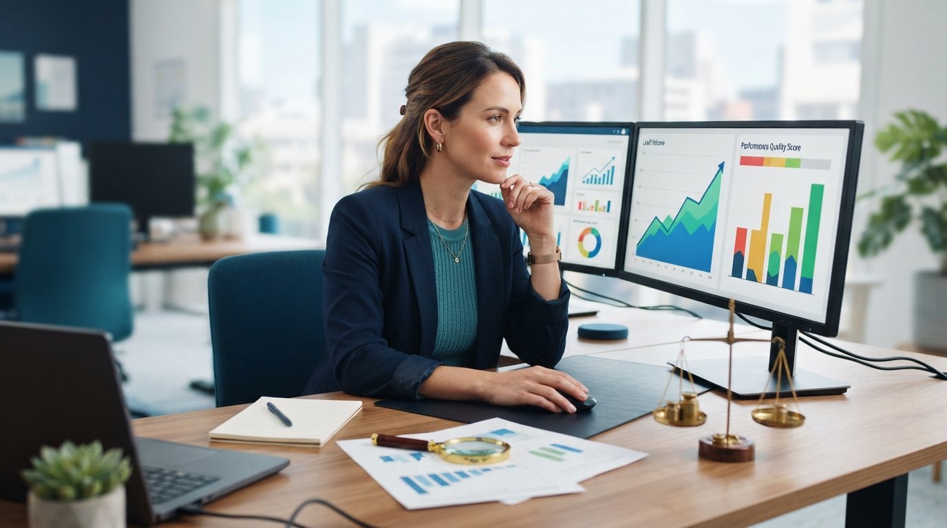 Marketer at a desk comparing rising lead volume graphs and quality score metrics on two monitors, with a magnifying glass…