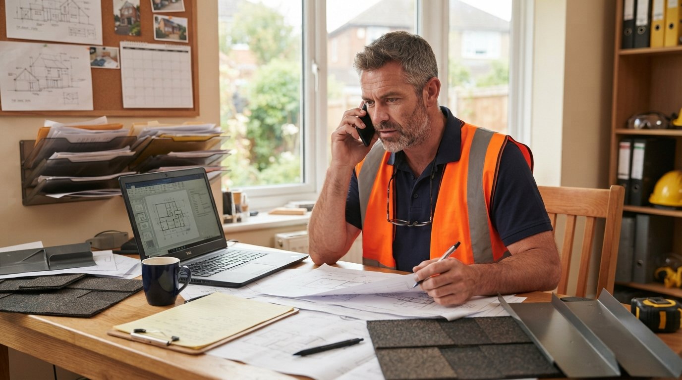 Contractor in navy polo and safety vest reviews printed lead sheets and laptop while holding a phone to his ear at a wooden…
