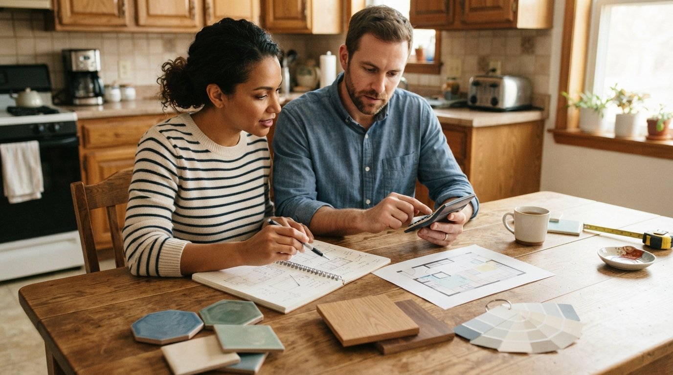 Couple at a dining table reviewing a notebook, calculator, floor plan, tile swatches, wood samples, and paint chips, with…