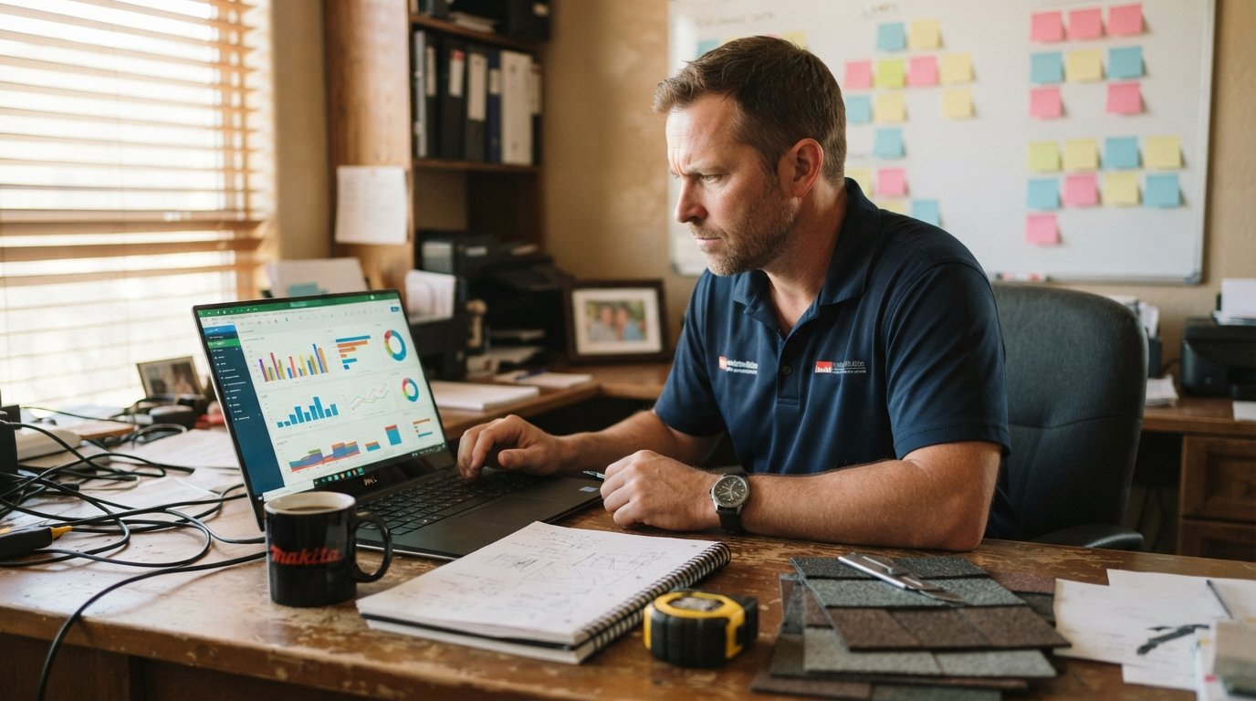 Contractor in navy polo at a wooden desk reviewing a colorful spreadsheet dashboard with charts on a laptop, notebook,…