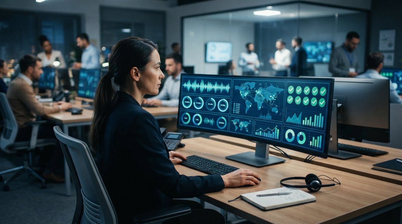 Call center supervisor at a desk reviewing a large monitor showing call analytics, audio waveforms, duration timers, map…