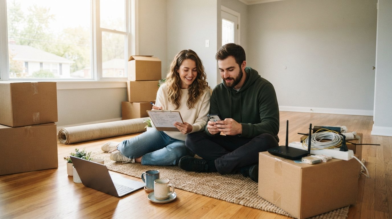 Couple sitting on hardwood floor among moving boxes, one using a smartphone and the other holding a checklist, with a Wi-Fi…