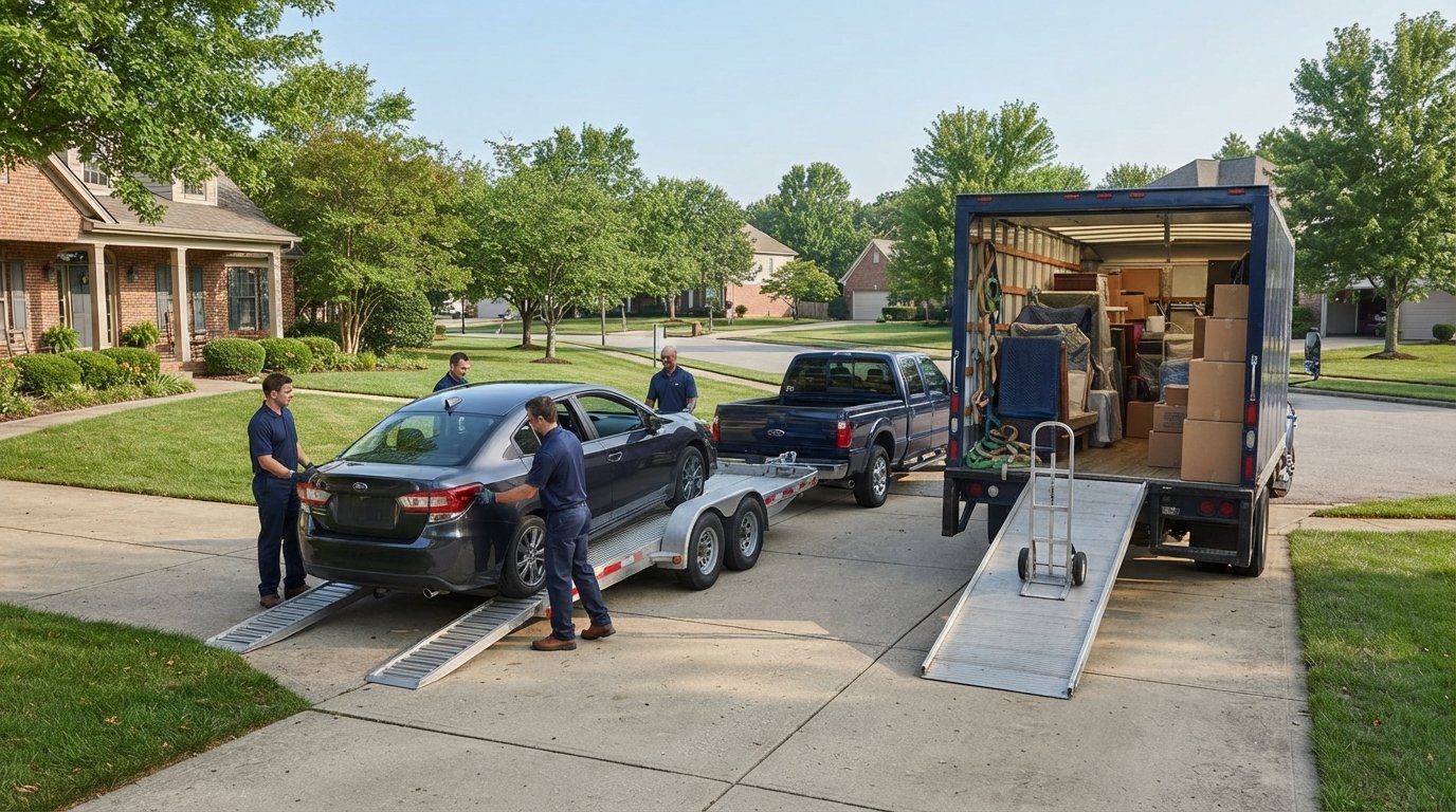 Moving crew in navy uniforms loading a sedan onto an open auto transport trailer in a driveway, with a moving truck and…