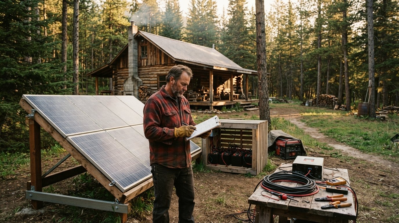 Man in flannel shirt with clipboard beside ground-mounted solar panels and battery enclosure at a forest cabin