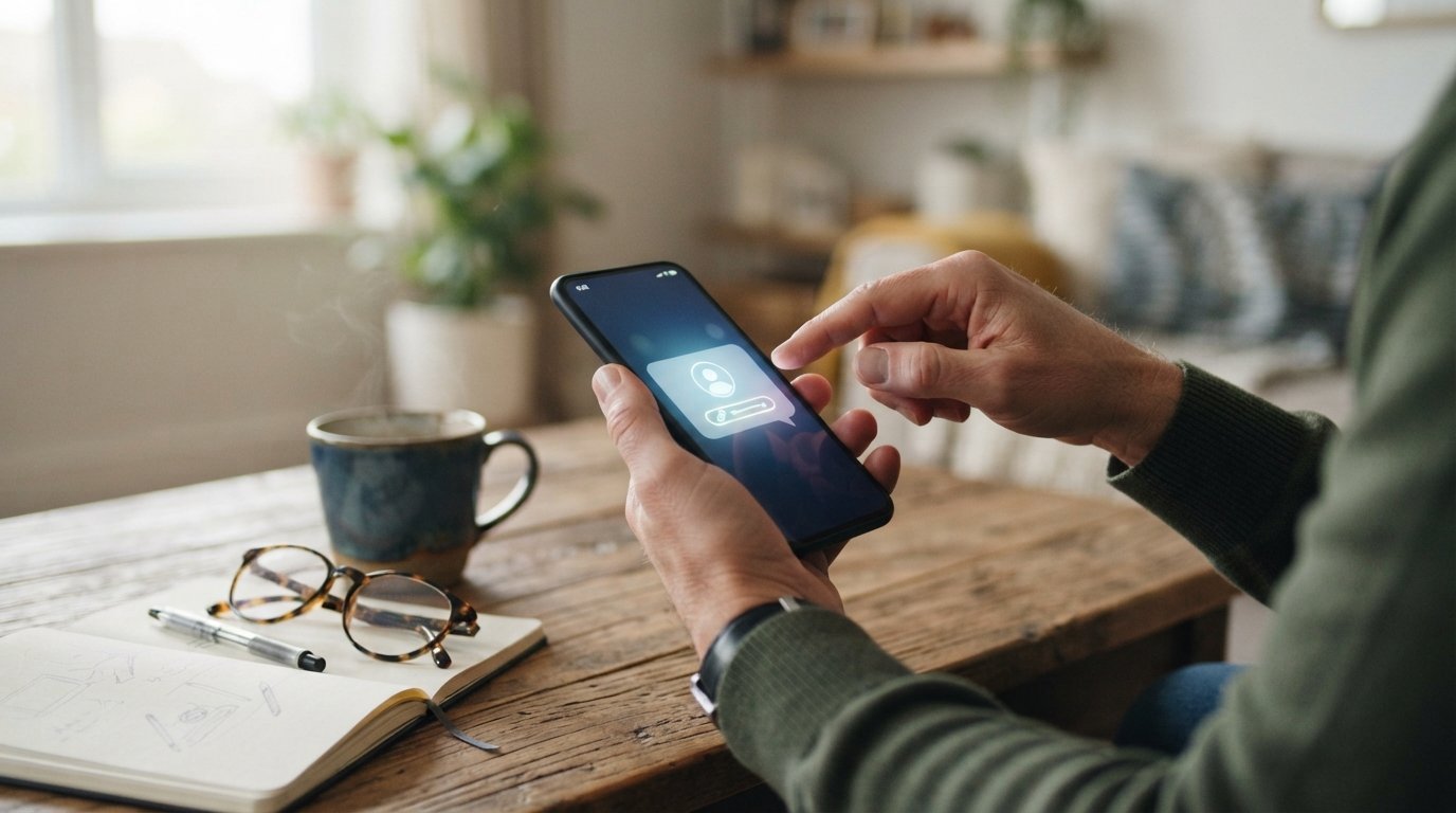 Hands holding a glowing smartphone with a notification bubble and link, one hand hovering hesitantly above the screen,…