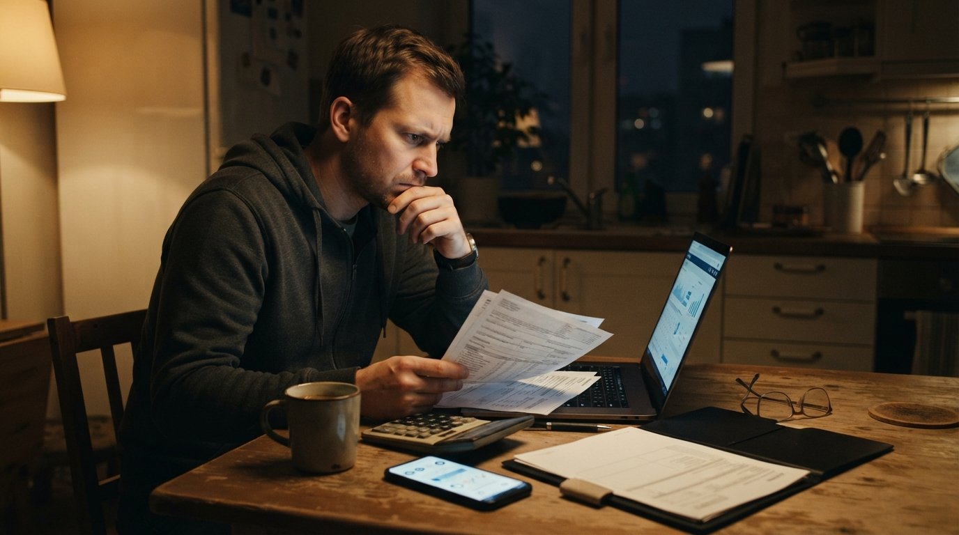 Man at a kitchen table at night comparing payday loan papers beside a calculator, coffee mug, and smartphone showing a loan…