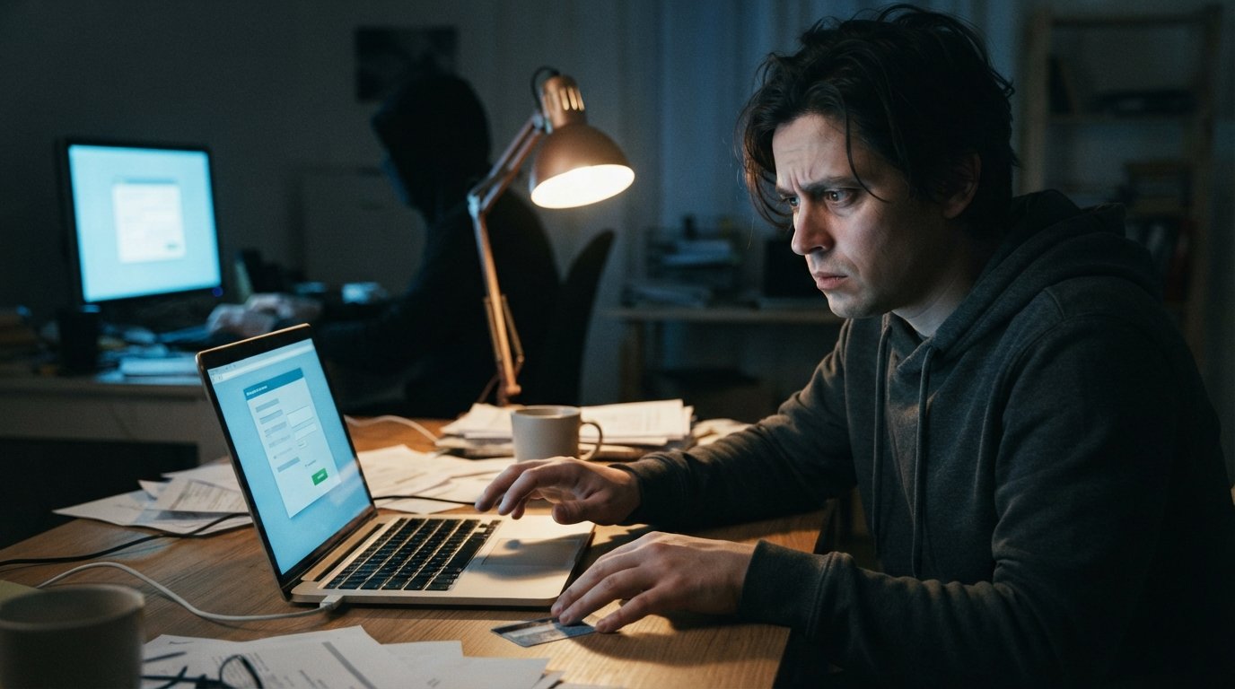 A worried person at a desk at night looks at a laptop showing an online loan approval form, with one hand near a credit card.