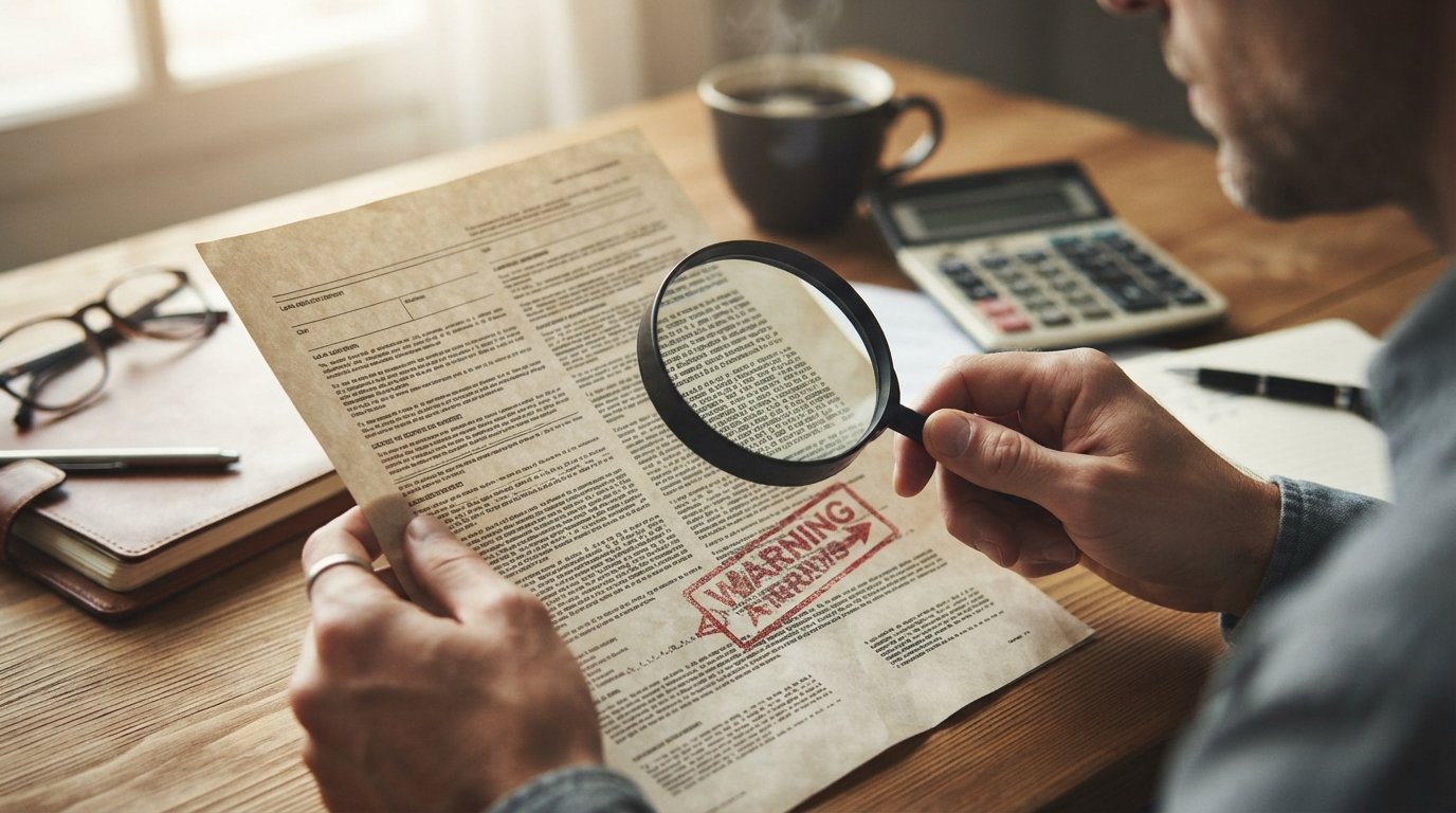 Hands hold a loan contract under a magnifying glass on a wooden desk with a calculator, reading glasses, and a coffee mug…