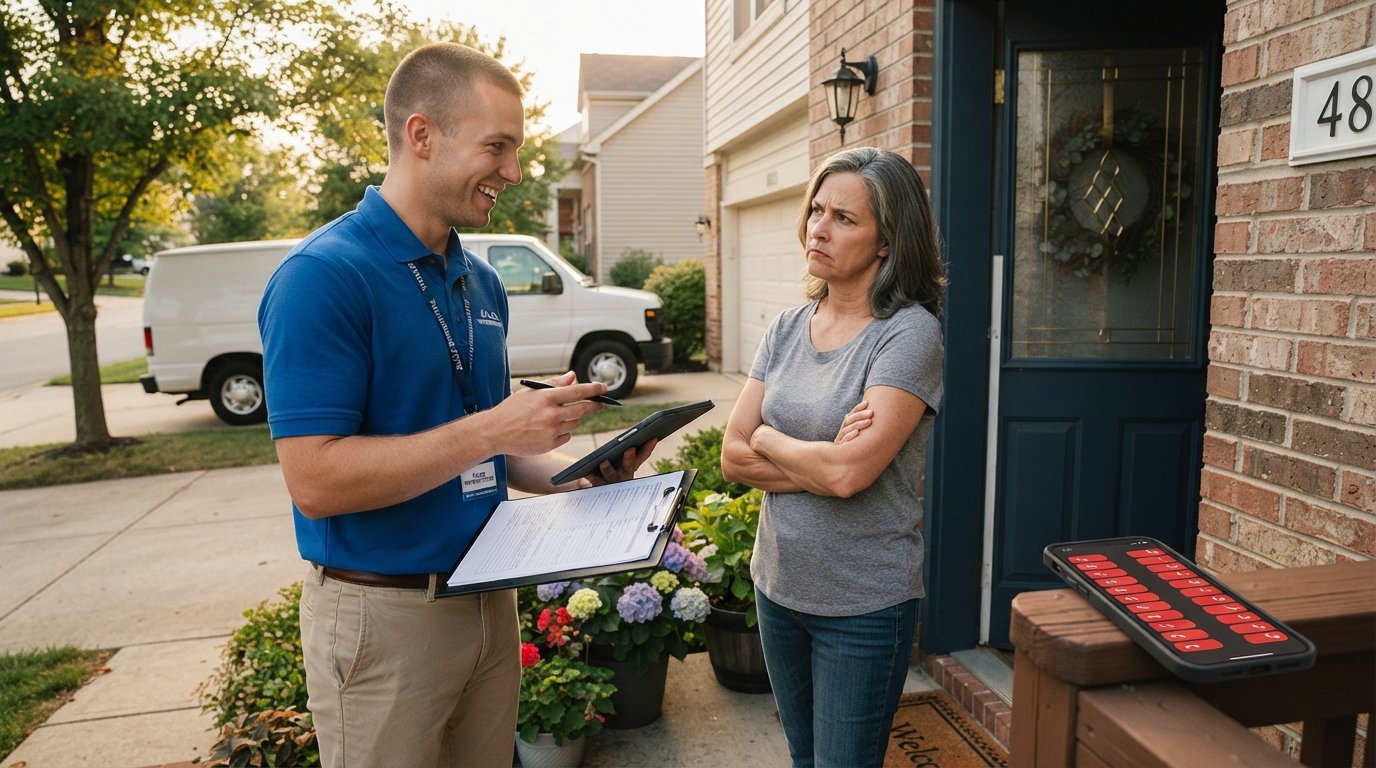 Smiling solar salesperson holding a clipboard and tablet at a front door while a skeptical homeowner stands with arms…