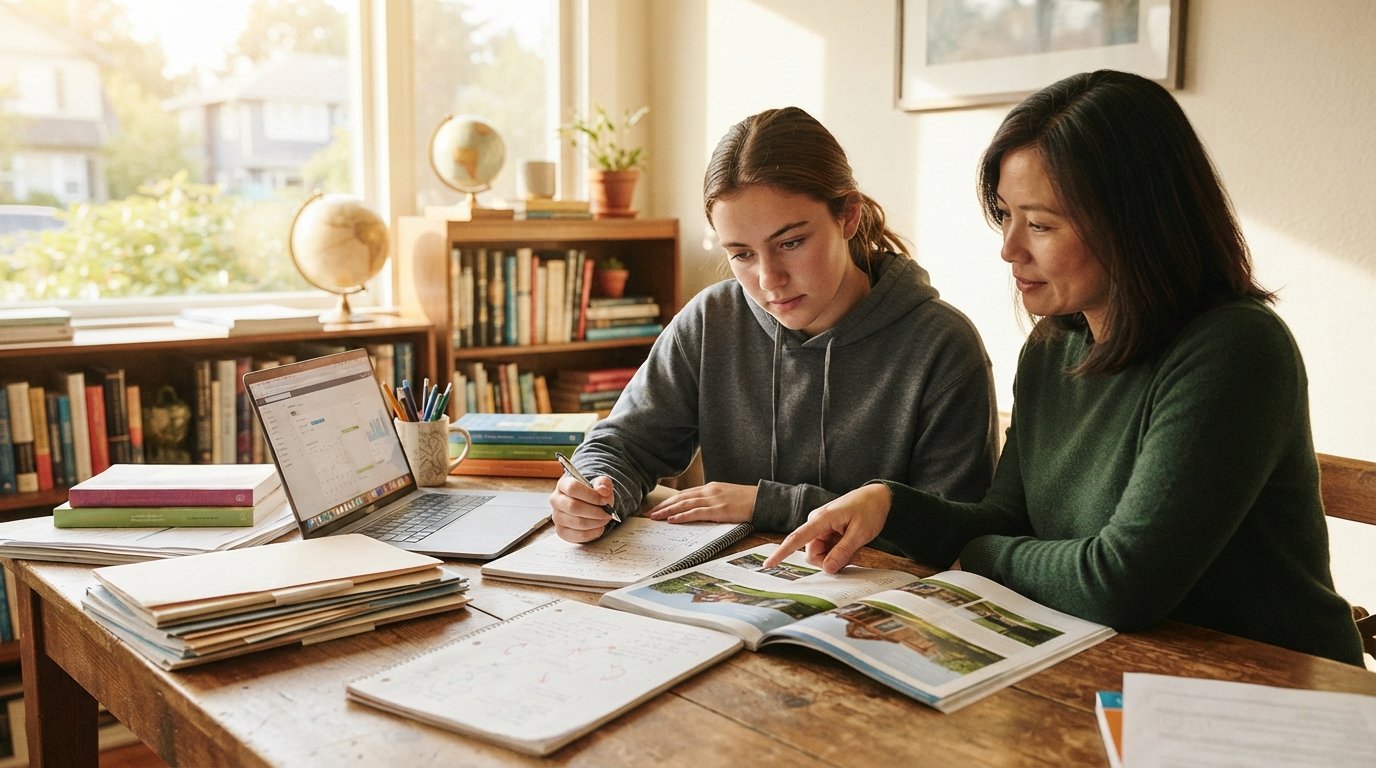 Teen at a wooden desk with laptop and application papers while an adult points to a university brochure in a sunlit study