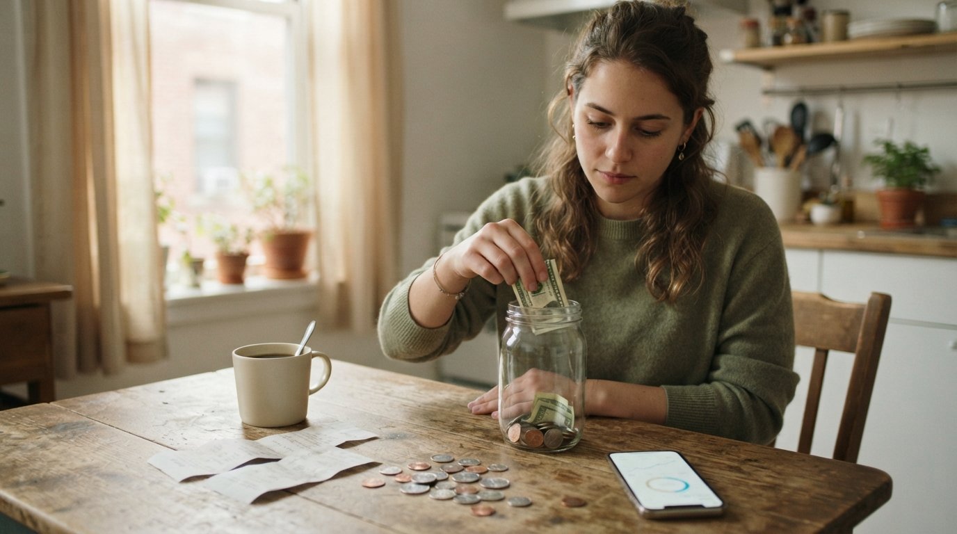 Young woman in casual clothes placing a folded dollar bill into a clear glass jar on a worn wooden kitchen table beside…
