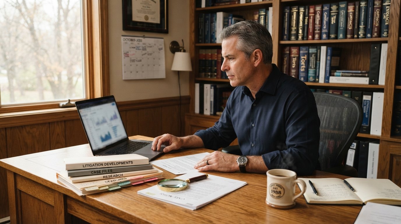 Man in a navy shirt at a wooden desk studying a laptop with blurred charts, flanked by stacked legal folders, a magnifying…