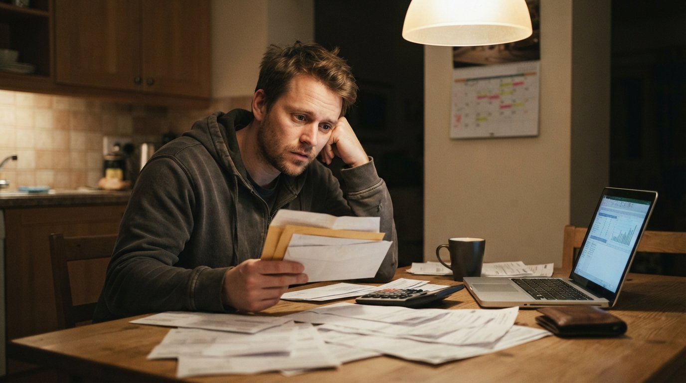 Worried man resting his head on one hand at a kitchen table covered with bills, envelopes, a calculator, coffee mug,…