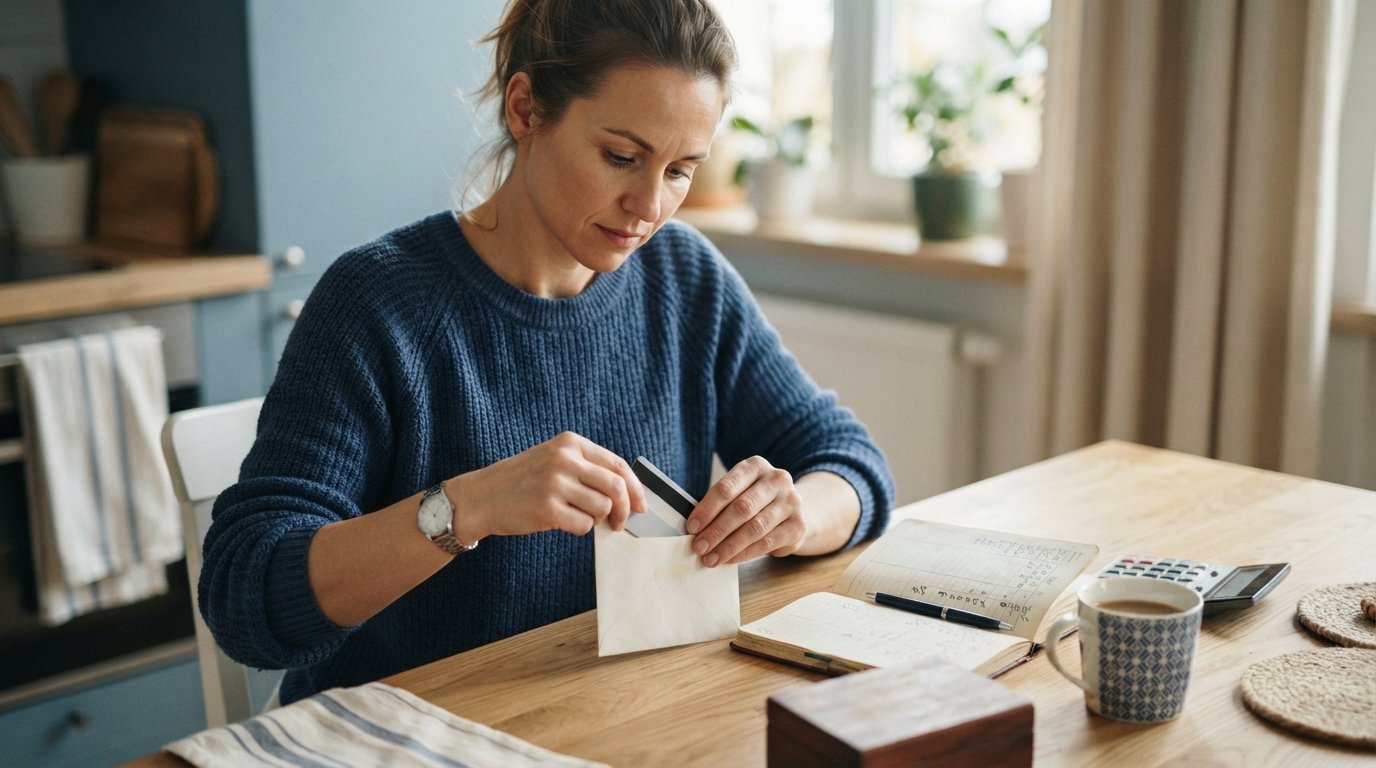 Woman at a kitchen table placing a credit card into a sealed envelope beside a budget notebook, calculator, and coffee mug…