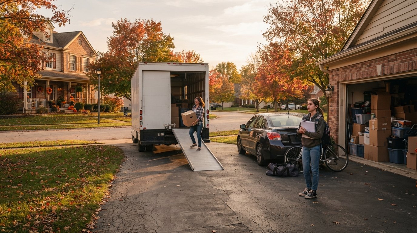 Parent carrying a cardboard box past a moving truck while a teenager with a backpack and notebook stands in a suburban…
