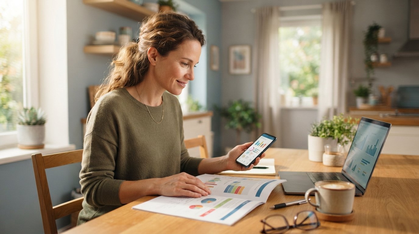 Driver comparing two auto insurance policy documents beside a smartphone showing a quote, with a laptop and coffee mug on a…