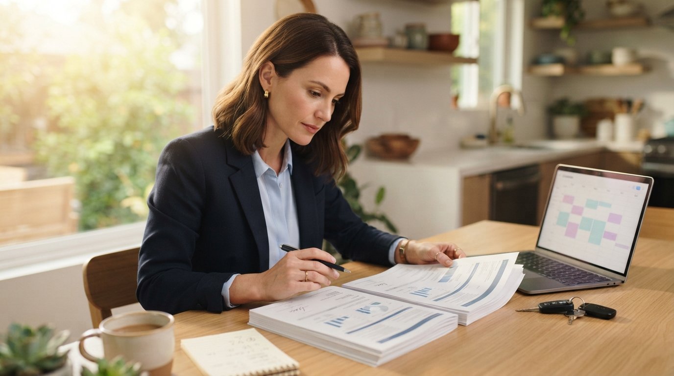 Woman in navy blazer at kitchen table comparing two auto insurance documents, holding pen, laptop showing calendar, car…
