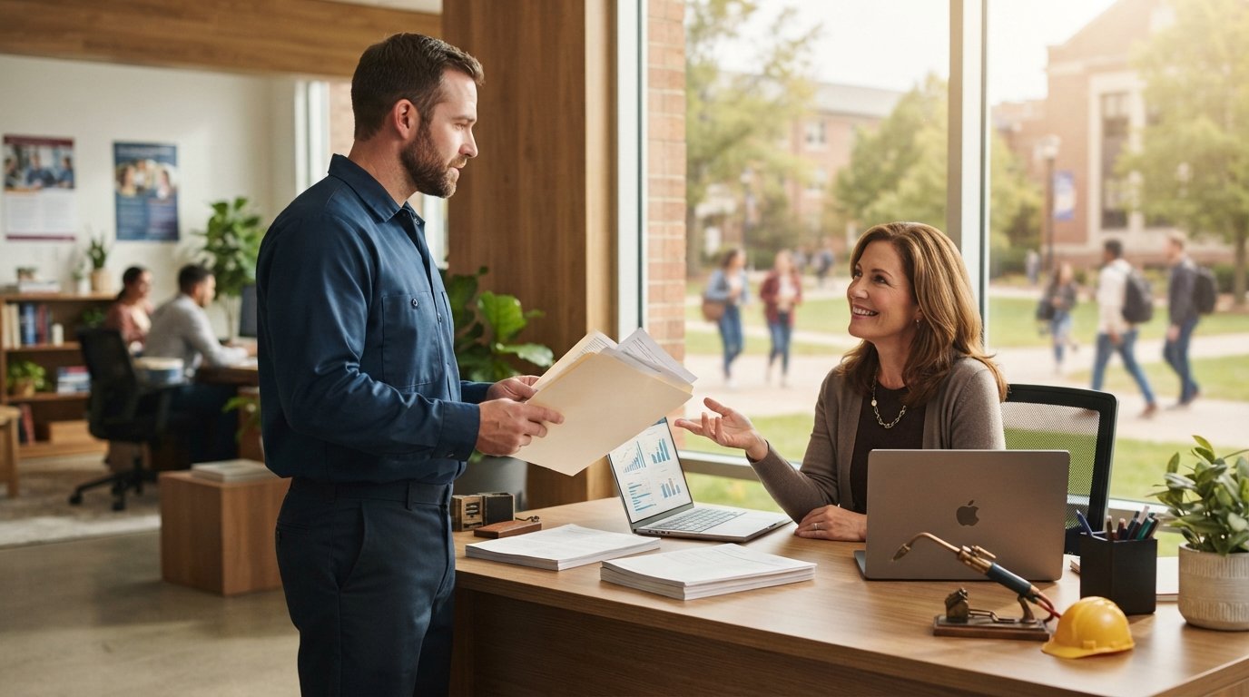 Adult in a work shirt holds transcripts across a desk from an advisor in a bright admissions office with a laptop and…