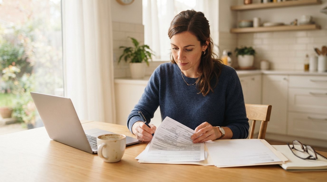 Woman in her early 30s sits at a bright kitchen table with a laptop, reviewing insurance paperwork and holding a pen beside…