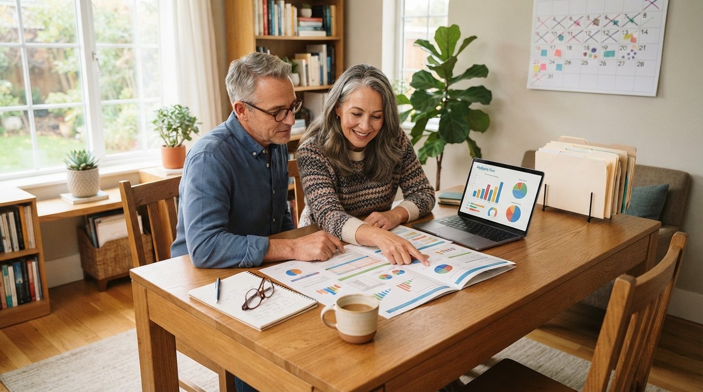 Middle-aged couple at a wooden desk comparing plan documents beside a laptop with colorful charts, a wall calendar, reading…