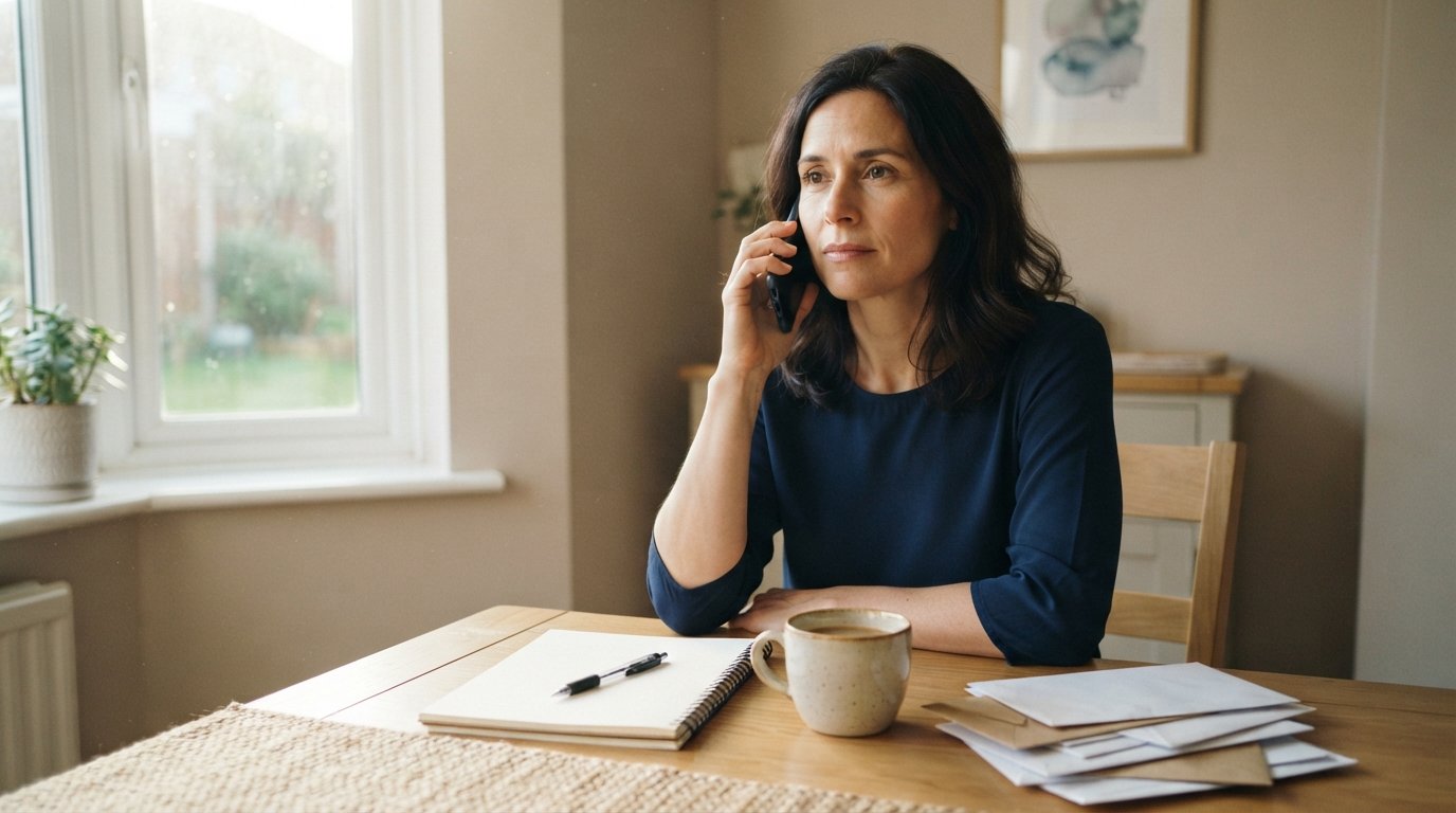 Composed woman in a navy blouse holds a smartphone to her ear at a kitchen table with a notepad, pen, coffee cup, and stack…