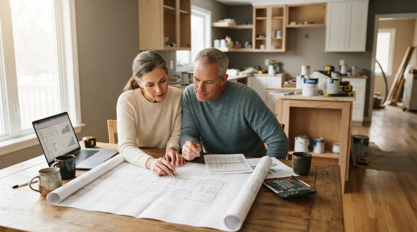 Couple at a kitchen table reviewing renovation blueprints and financial paperwork beside a laptop, calculator, and coffee…