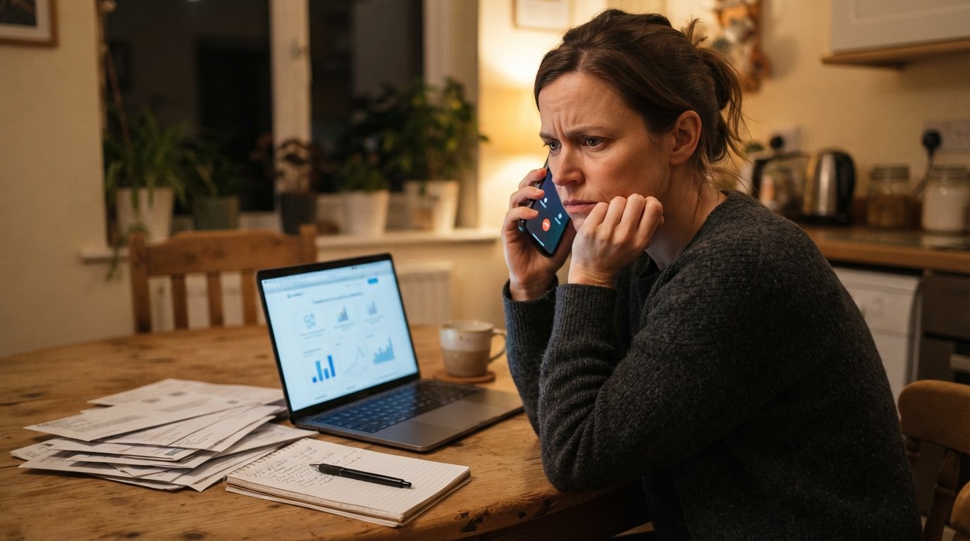 Person holding a smartphone to their ear with a concerned expression at a kitchen table, laptop showing a loan comparison…