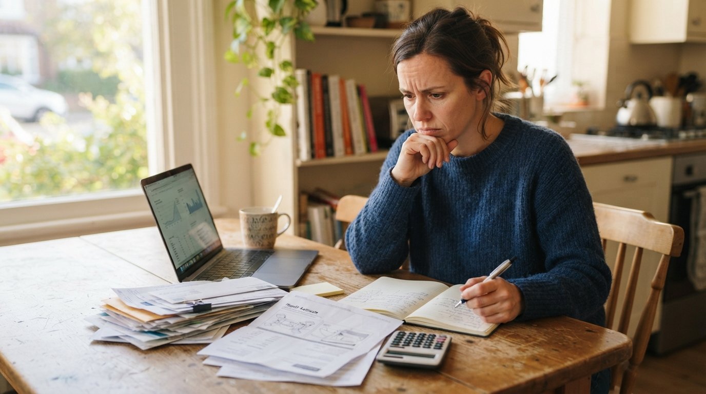 Worried adult at a kitchen table with bills, a repair estimate, a calculator, laptop, and coffee mug in morning light