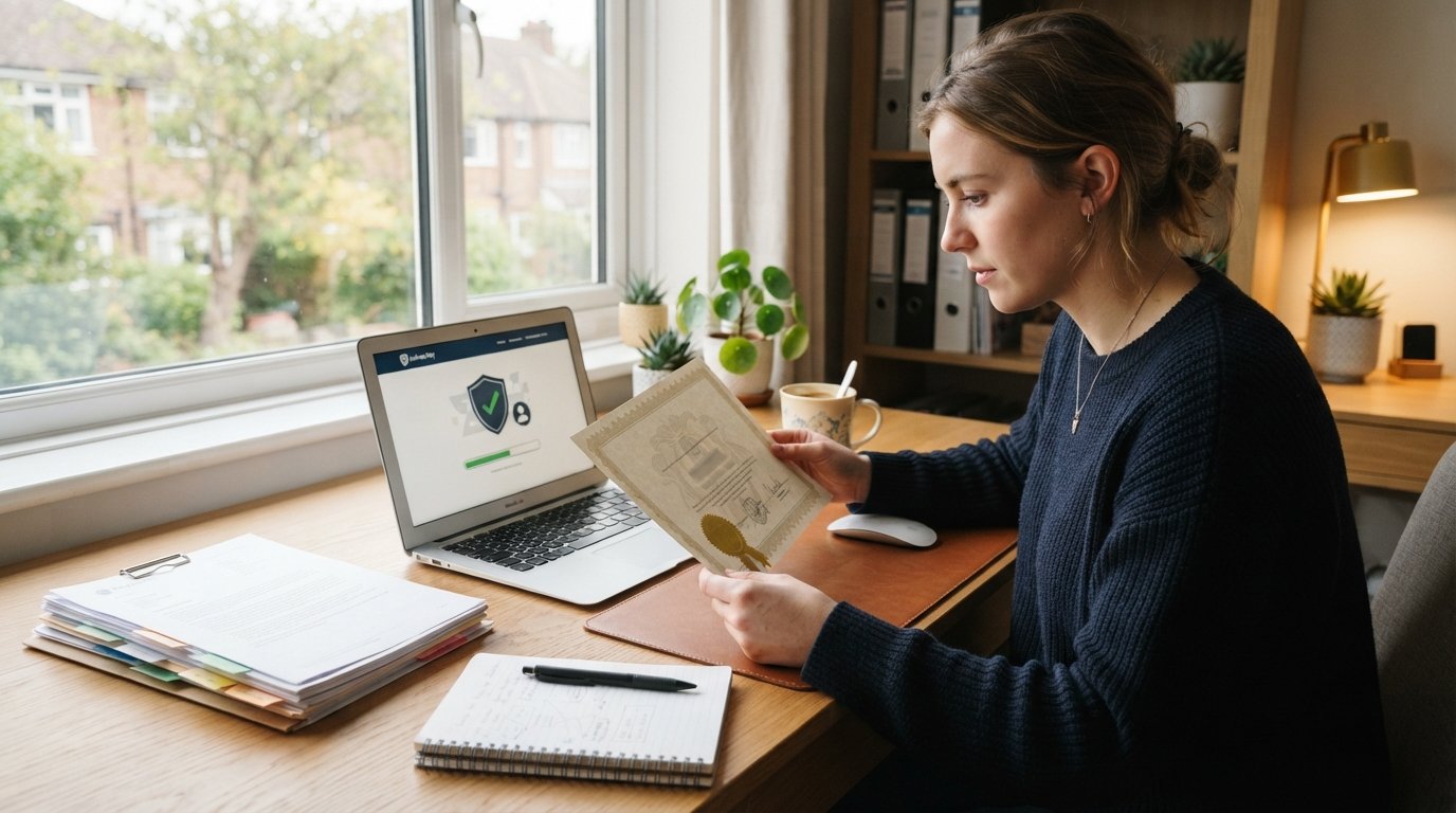 Student at a home desk comparing a sealed accreditation certificate with a university verification portal on a laptop