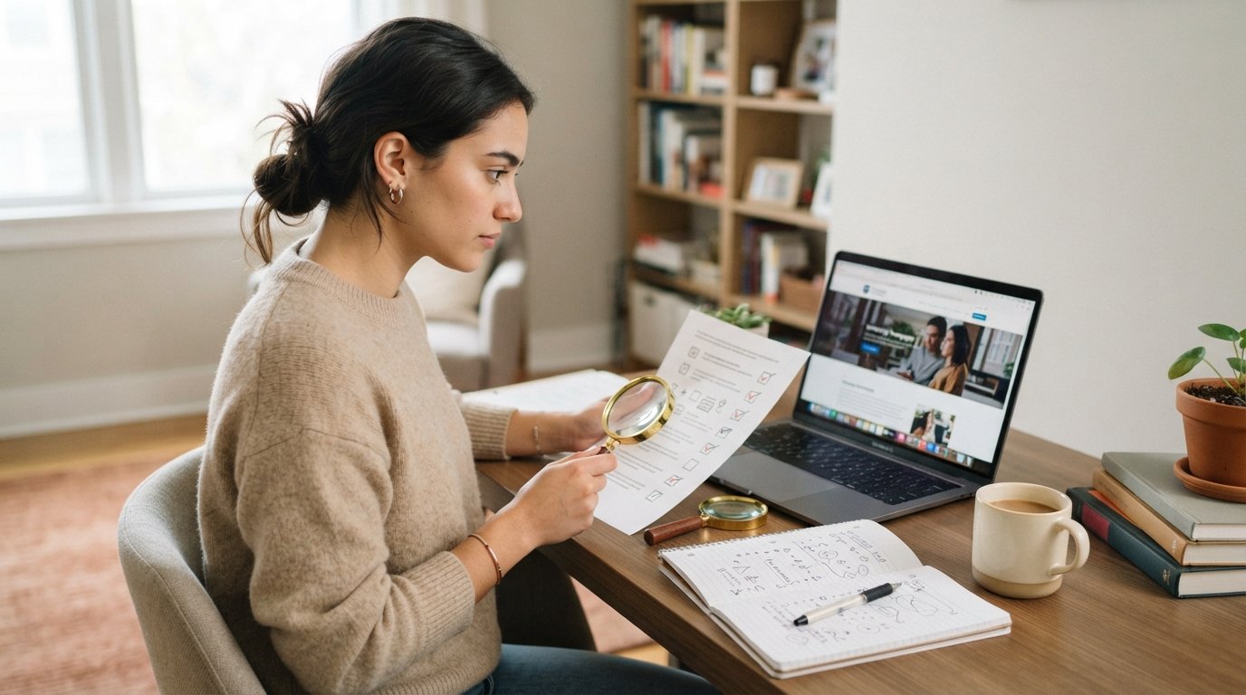 Young adult at a home desk comparing a laptop university page with a printed checklist, magnifying glass and textbooks nearby