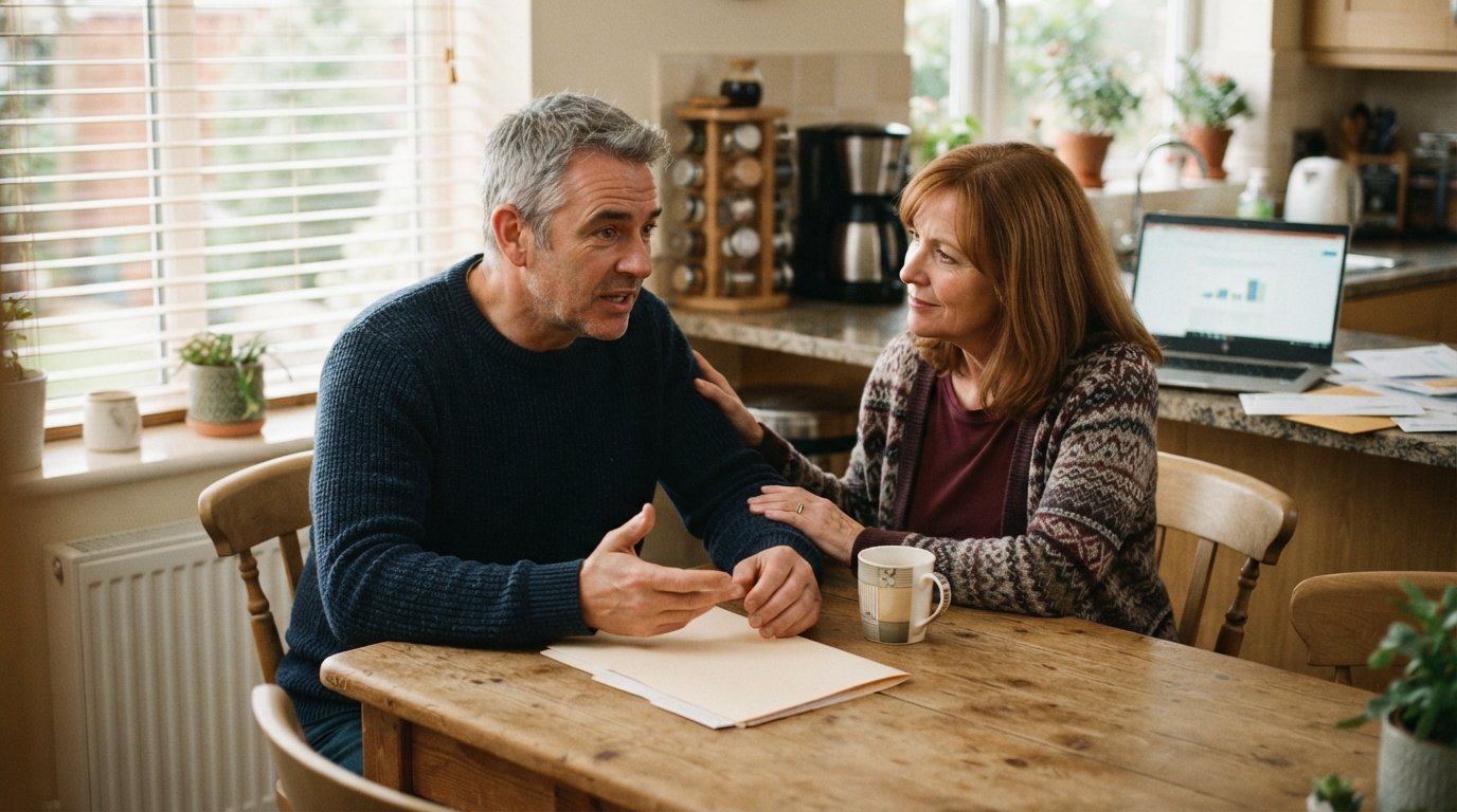 Man speaking to woman at a kitchen table with a hand on a folder of papers and a coffee mug, both seated in soft window…
