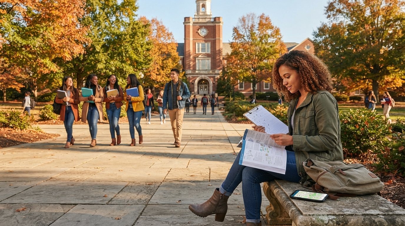 Student on a stone bench reviewing a course catalog and clipboard checklist on a sunny autumn campus with peers walking in…