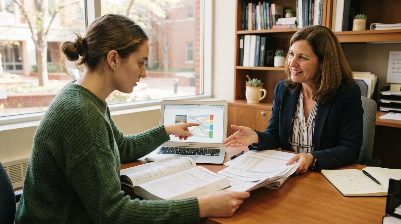 Student in a sweater points at a laptop showing a credit transfer chart while an advisor gestures toward transcripts and a…