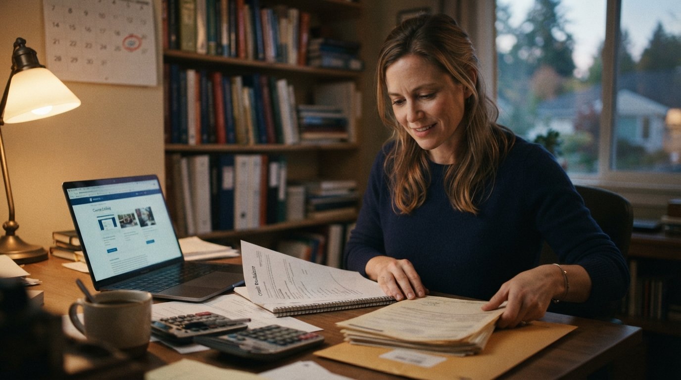 Woman at a desk at dusk reviewing a credit evaluation form next to a laptop showing a university course catalog, old…