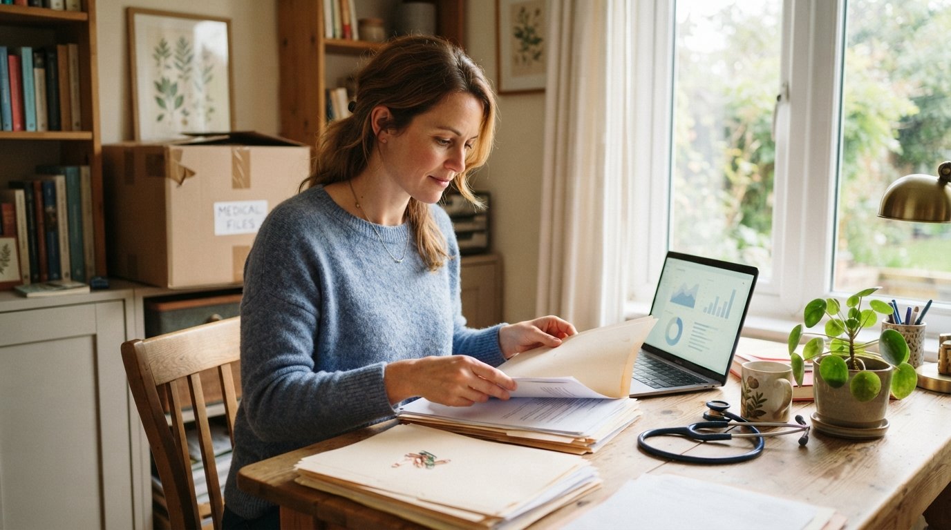 Woman in a blue sweater sorts manila folders of paperwork at a sunlit wooden desk with a laptop, stethoscope, and moving…