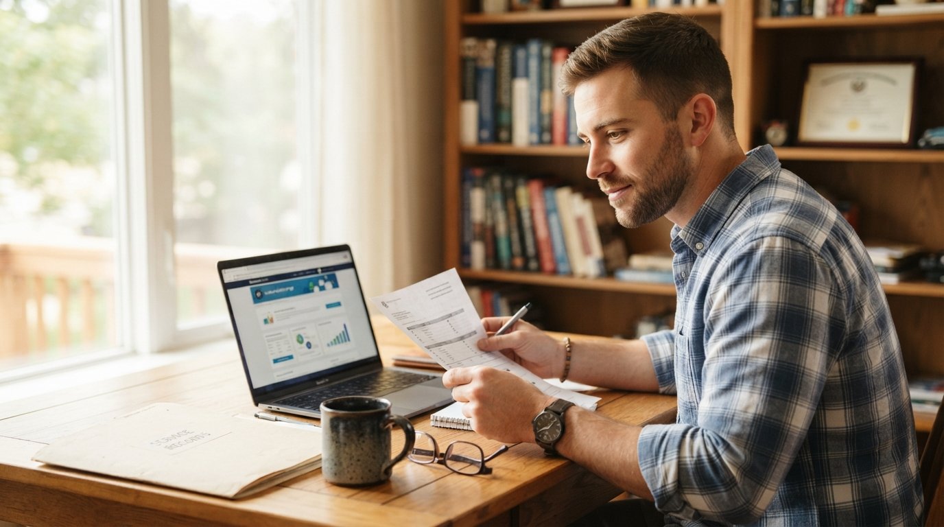 Veteran in a button-down shirt comparing a printed military transcript with a college credit transfer portal on a laptop at…