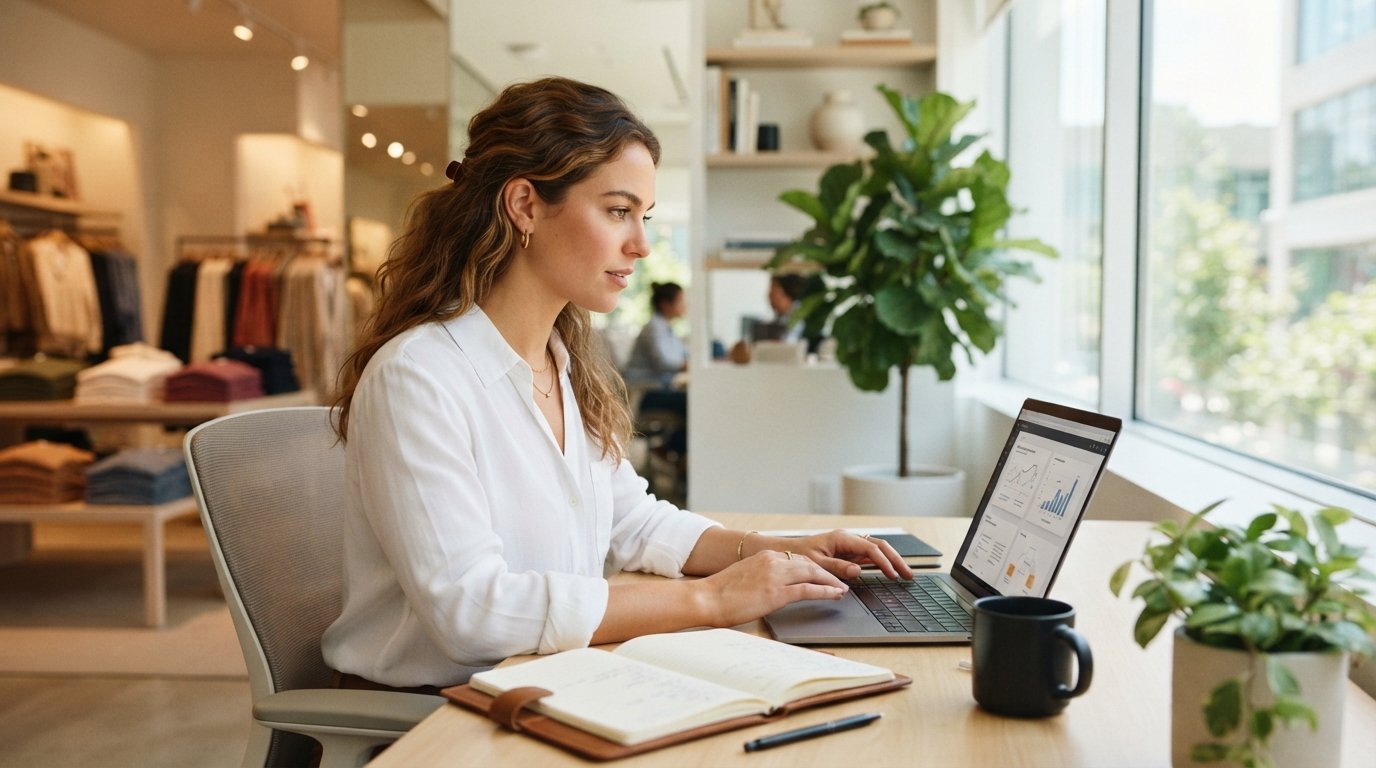 Woman in white button-down shirt studying a certificate program on a laptop at a clean office desk with notebook and coffee