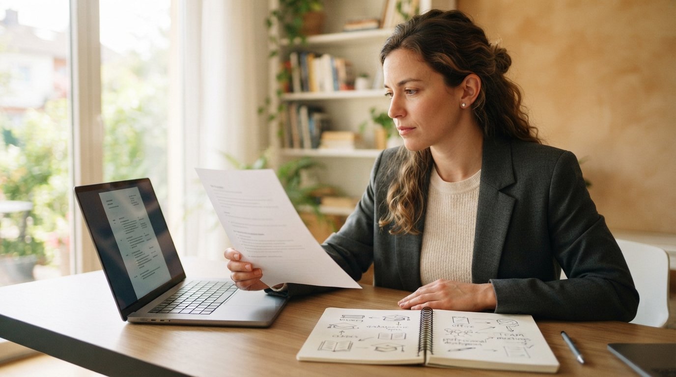 Job seeker in business casual attire at a desk comparing a printed job description to a resume on a laptop, with a notebook…