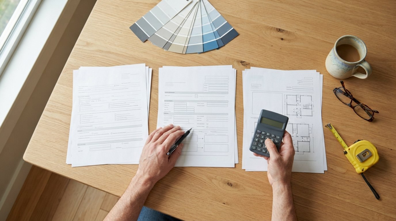 Overhead view of three remodeling bid documents on a light oak table with hands, pen, calculator, coffee mug, reading…