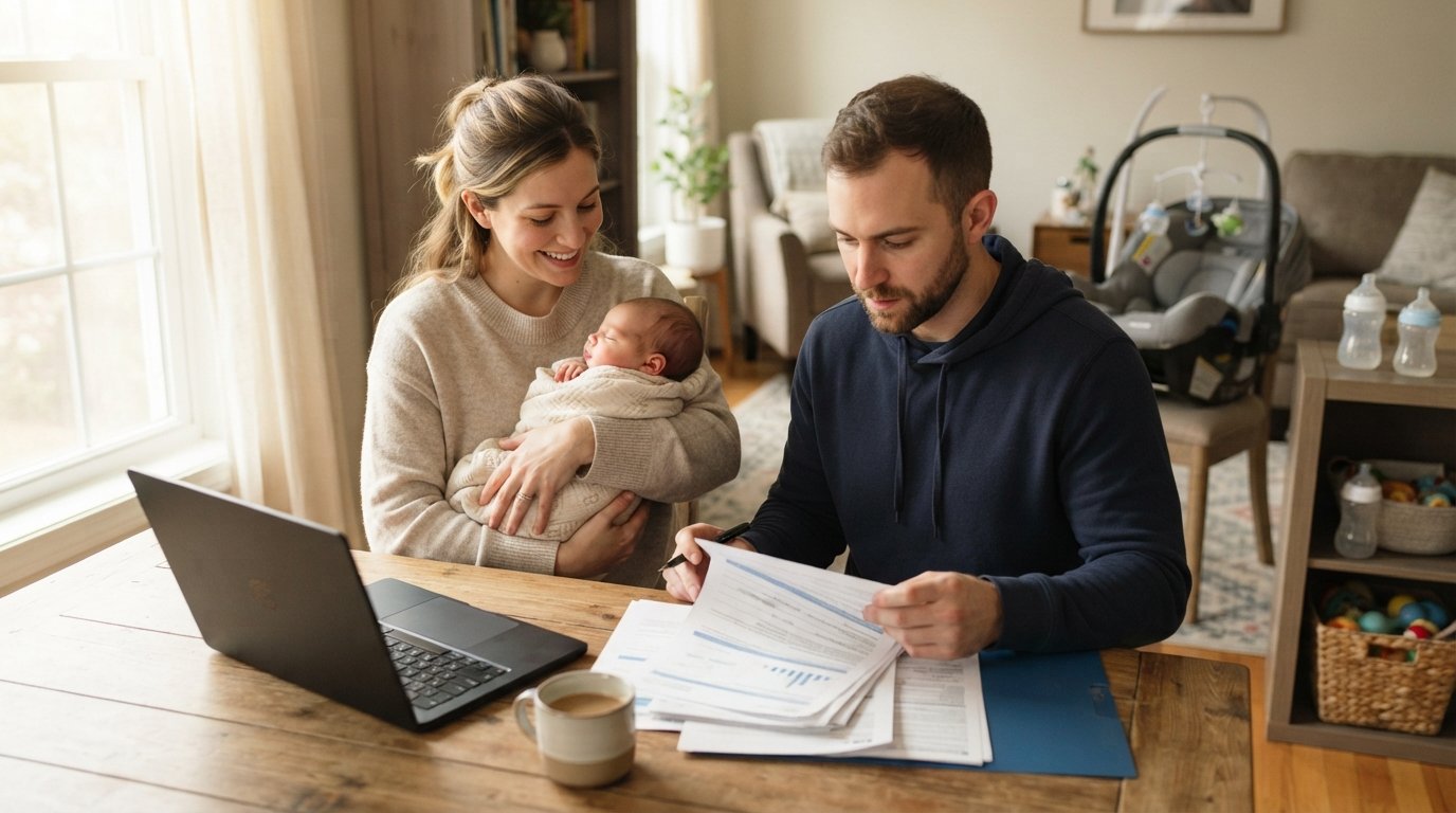 Couple in loungewear at a sunlit kitchen table, woman cradling a swaddled sleeping newborn while man reviews insurance…