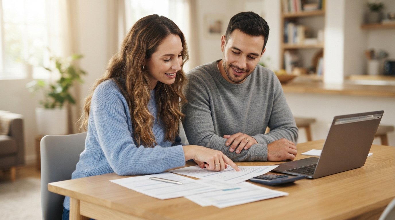 Couple in their 30s at a light wood kitchen table reviewing insurance paperwork and a savings statement beside a laptop,…