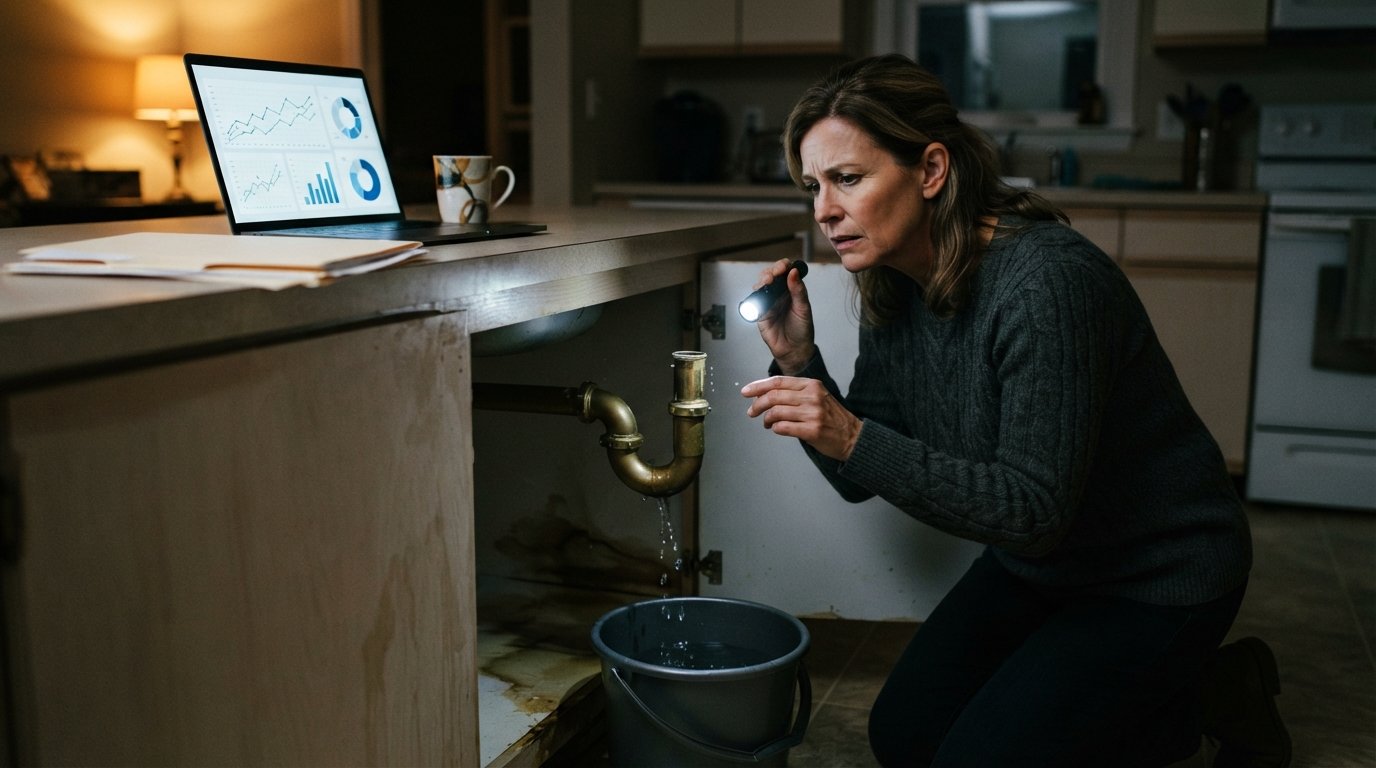 Homeowner in a sweater shines a flashlight on a leaking pipe under the kitchen sink while a laptop shows a HELOC dashboard.