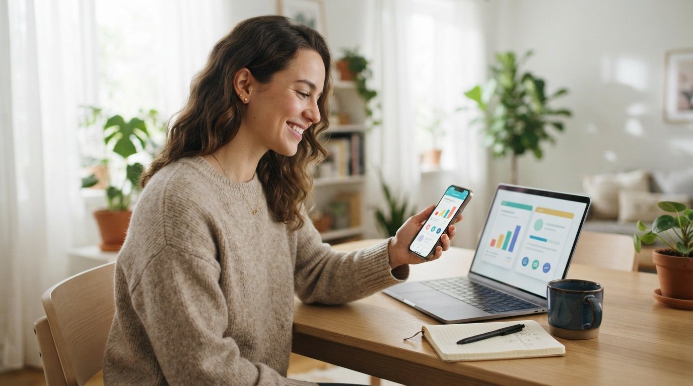 Smiling young adult at a kitchen table holding a smartphone with a comparison dashboard while a laptop shows side-by-side…