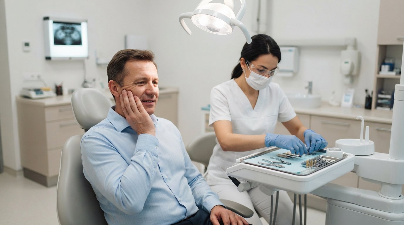 Middle-aged man in a blue shirt sits in a dental chair holding his cheek while a dentist in white scrubs prepares root…