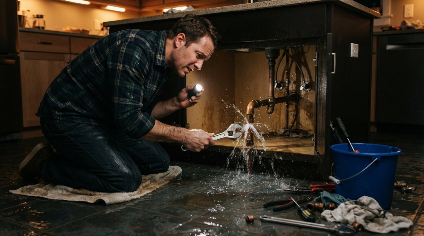Homeowner in a plaid shirt kneeling under a kitchen sink at night, holding a flashlight and wrench beside a leaking copper…