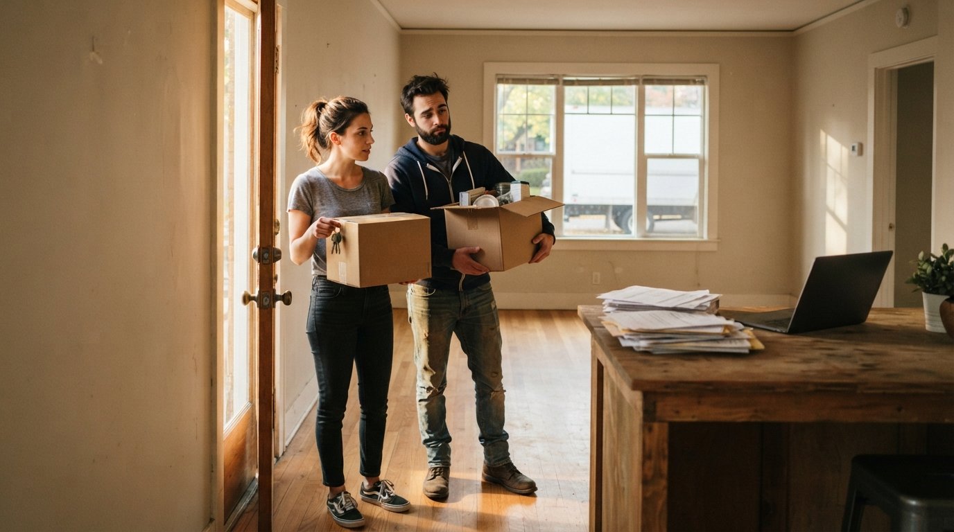 Couple holding boxes and keys in an empty sunlit apartment, looking at paperwork and a laptop on the counter