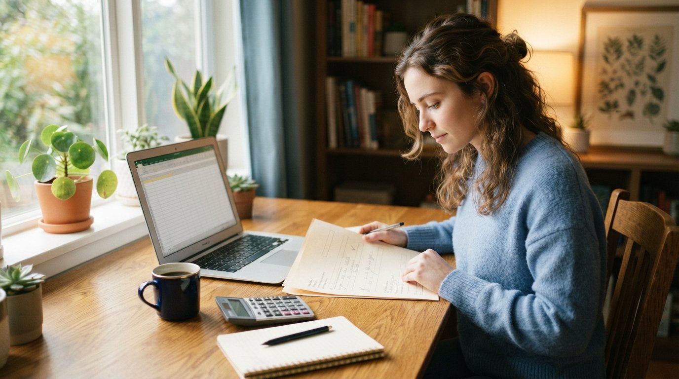 Young adult student reviews a financial aid document beside a laptop, calculator, and notebook at a sunlit wooden desk