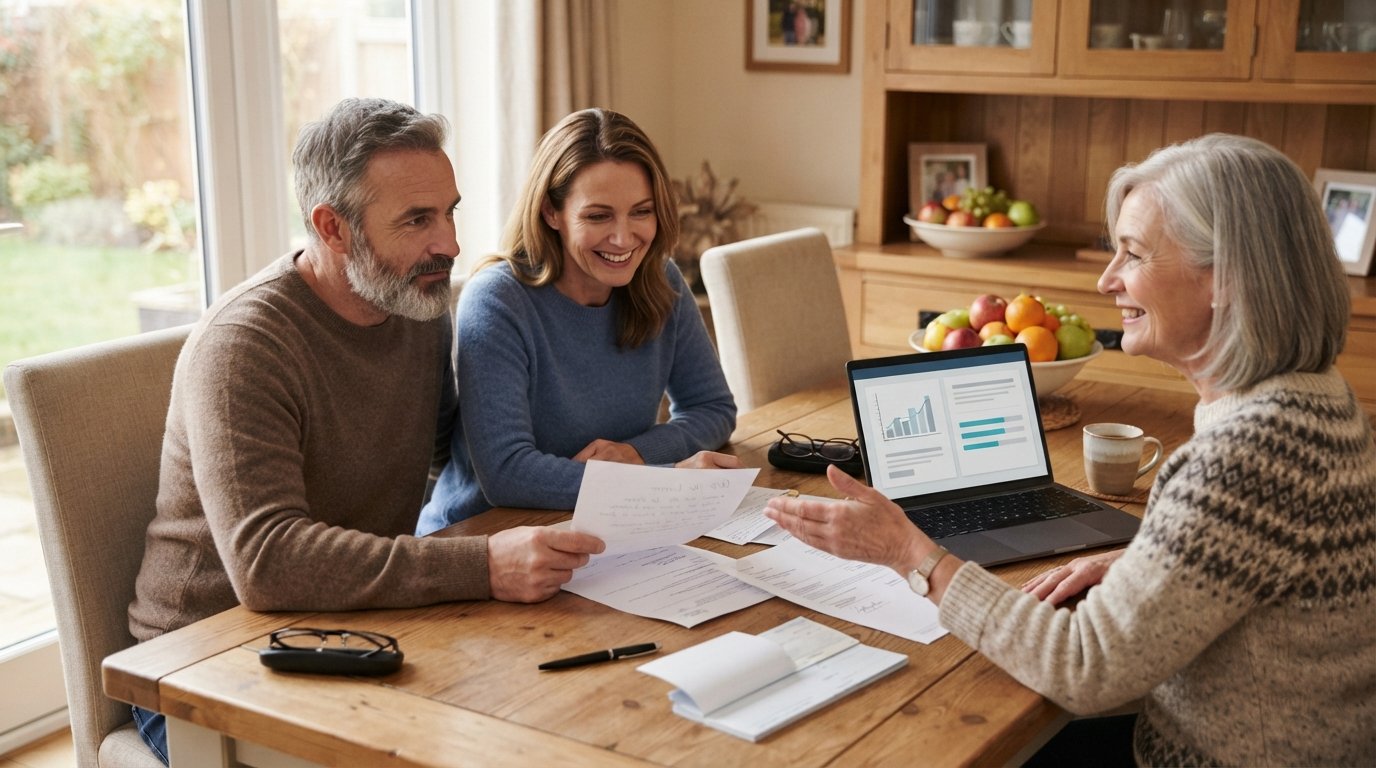 Older woman gestures toward a handwritten gift letter and bank documents on a dining table as a younger couple reviews them…